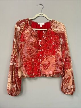 Patchwork/paisley balloon-sleeve crop blouse